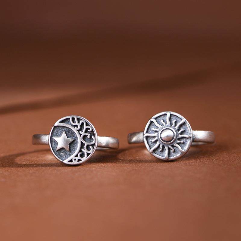 网红 S925银戒指 复古星辉太阳光芒星星月亮女戒指环开口戒指