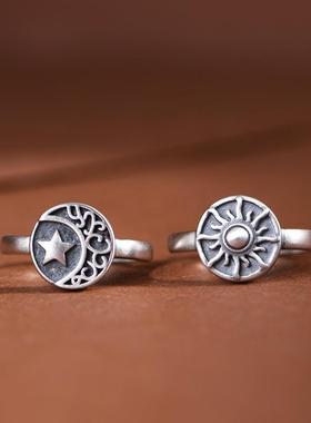 网红 S925银戒指 复古星辉太阳光芒星星月亮女戒指环开口戒指