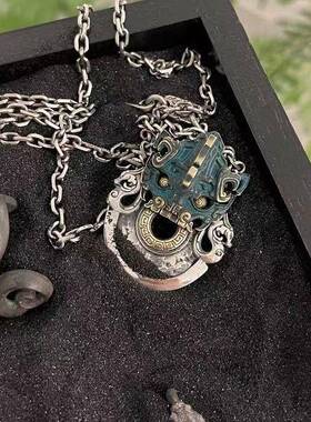 黄铜镀银做旧国风复古男士饕餮神兽斧钺龙纹坠聚财转运挂项链吊坠