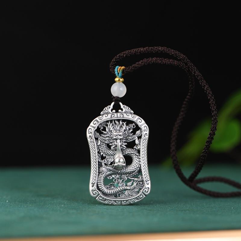 网红 足银吊坠 复古生肖龙年立体银龙编绳套链银饰项坠龙牌配饰