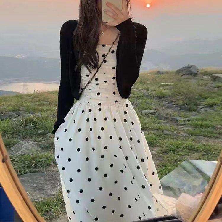 波点套装裙女夏季欧货吊带裙外搭时尚套装