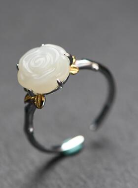 网红- 925银复古时尚镀金镶和田玉石玫瑰花开口指环戒指送女友
