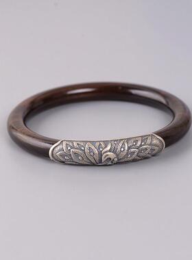 网红-92手5银复古泰银工艺镶嵌檀木凤闭口手镯女款穿牡丹环