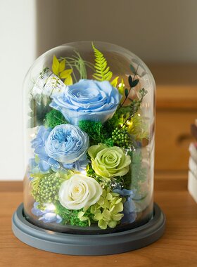 蓝色玫瑰永生花玻璃罩LED灯串装饰家居桌面摆件送男女友生日礼物