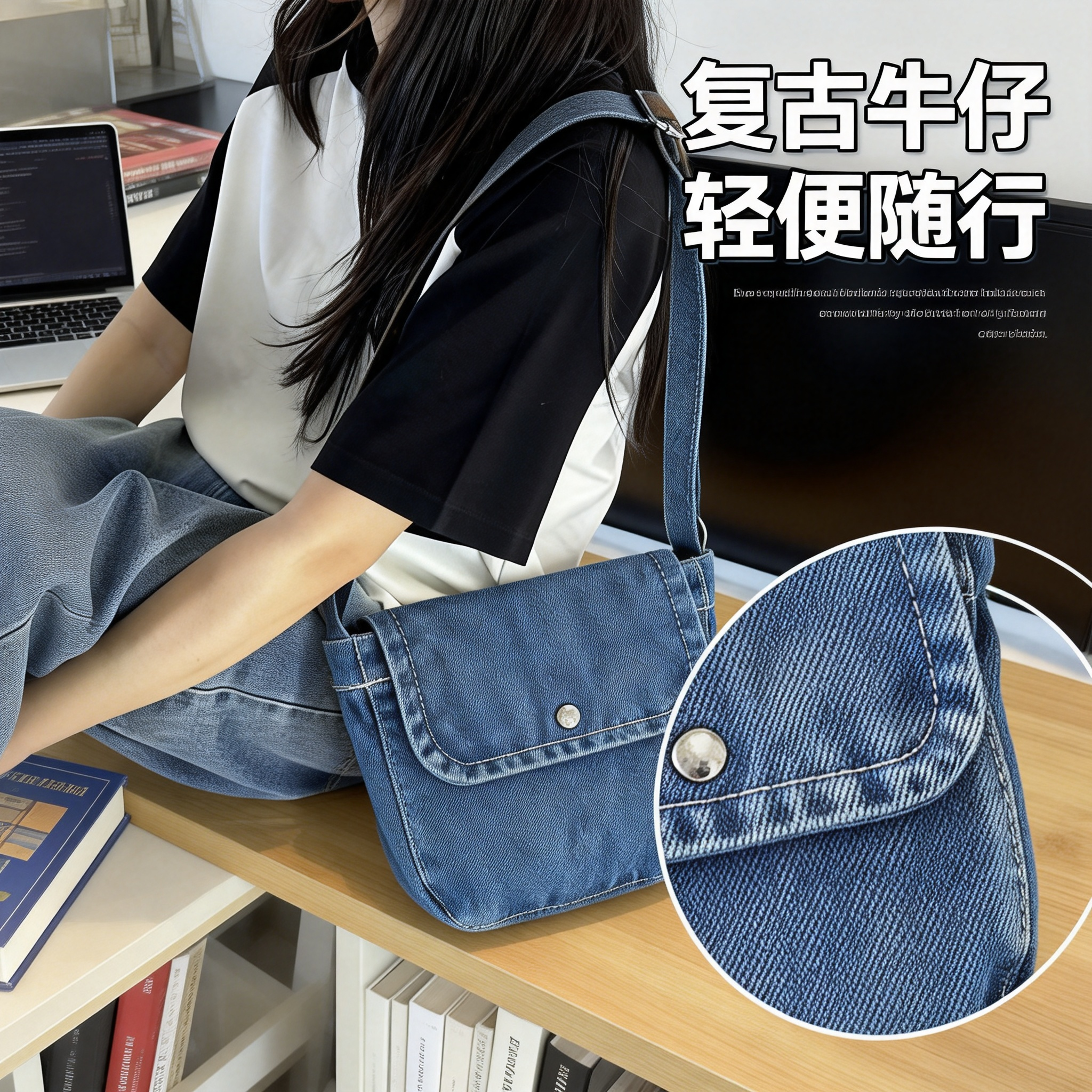 小众设计复古百搭帆布包单肩斜挎包女大容量日系牛仔布袋子通勤