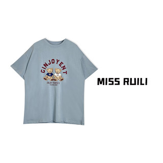 MISS RUILI定制  韩版图案印花甜美减龄宽松圆领套头T恤A6712