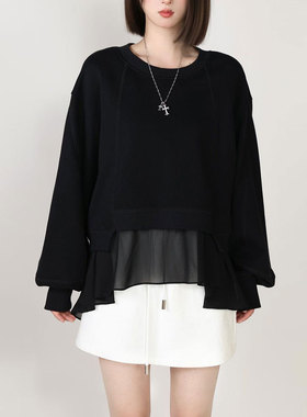 no5inmode女款棉撞雪纺假二件浪漫松驰感圆领卫衣套头衫