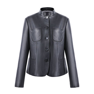 酷飒风显瘦百搭短款 多口袋修身 外套 黑色立领皮衣女新款 炽火火