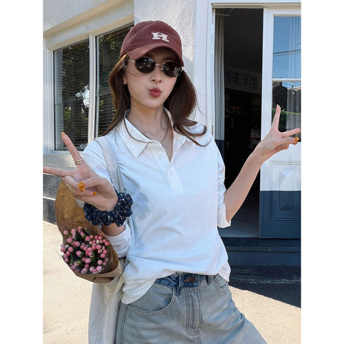 白色基础款翻领长袖Polo衫女新款