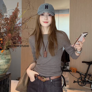 显瘦高级感弹力打底衫 炽火火 秋冬圆领修身 T恤女新款 鱼骨纹长袖