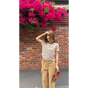 早春宽松显瘦圆领休闲上衣 t恤女新款 炽火火 复古撞色细条纹短袖