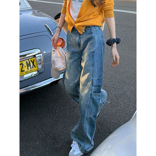 美式复古水洗做旧工装牛仔裤女