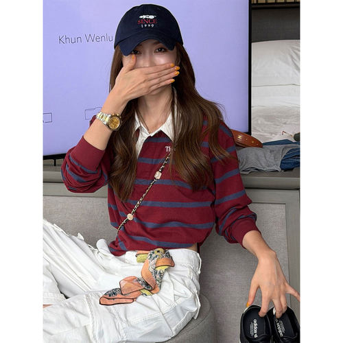 纹Polo衫女新款宽松百搭经典