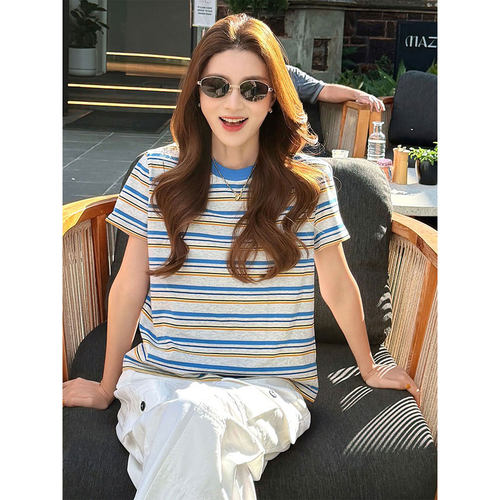 撞色条纹圆领宽松短袖T恤女