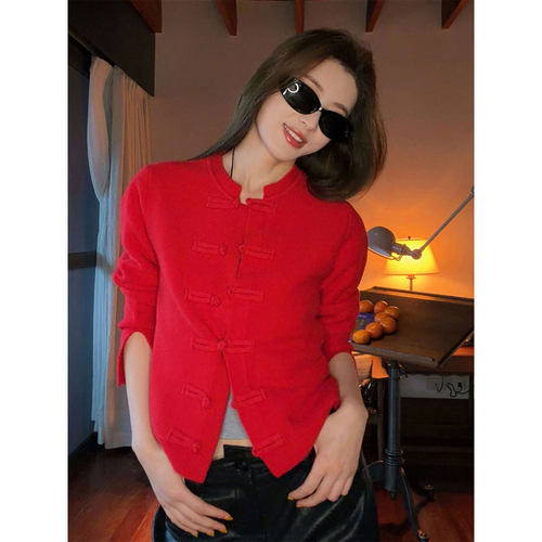 马年新春正红新中式盘扣针织开衫