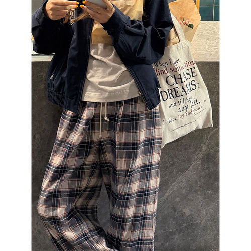 复古格纹抽绳阔腿裤女新款