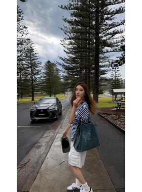 炽火火蓝色牛仔帆布包女新款水洗做旧大容量手提包简约百搭托特包