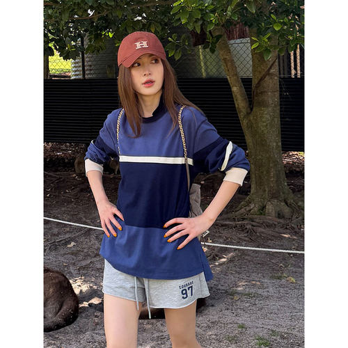 蓝白条纹长袖t恤女新款美式复古