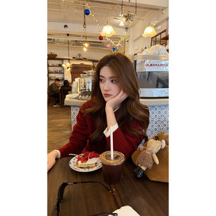 秋冬新年氛围感加厚保暖宽松针织衫 炽火火 酒红色圆领毛衣女新款