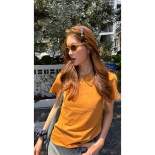 后背印花短袖 短款 t恤女新款 复古风修身 百搭气质上衣 美式 炽火火