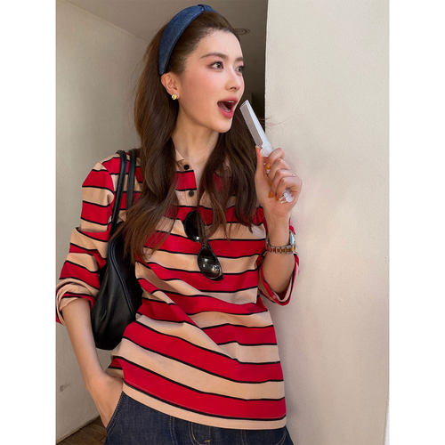 经典条纹长袖polo衫女新款