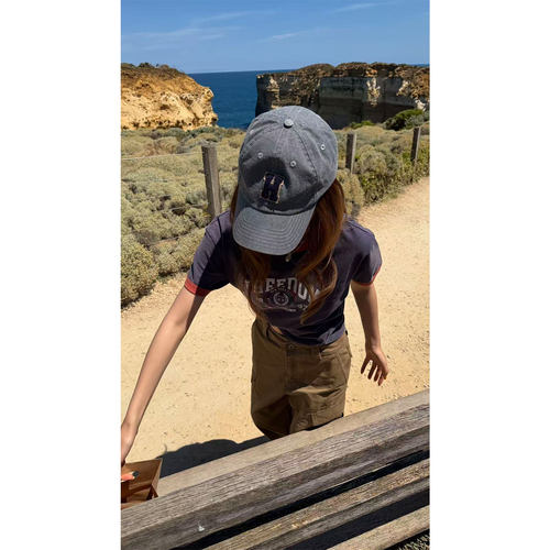 美式复古做旧撞色印花短袖t恤女