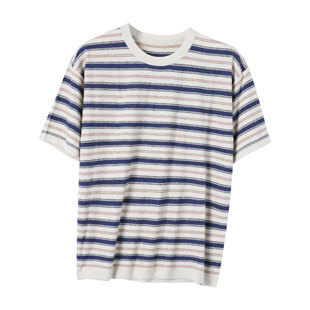 韩系复古风宽松显瘦软糯上衣 t恤女新款 炽火火 撞色条纹圆领短袖