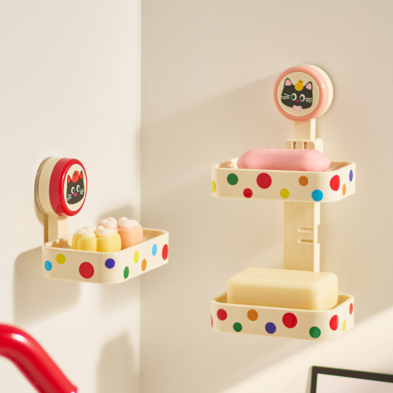 卡通猫咪双层肥皂盒彩色波点吸盘式香皂盒卫生间置物架沥水