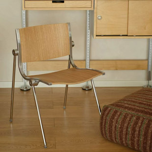 叙野弗洛餐椅中古实木靠背椅现代简约不锈钢客厅休闲椅包豪斯椅子