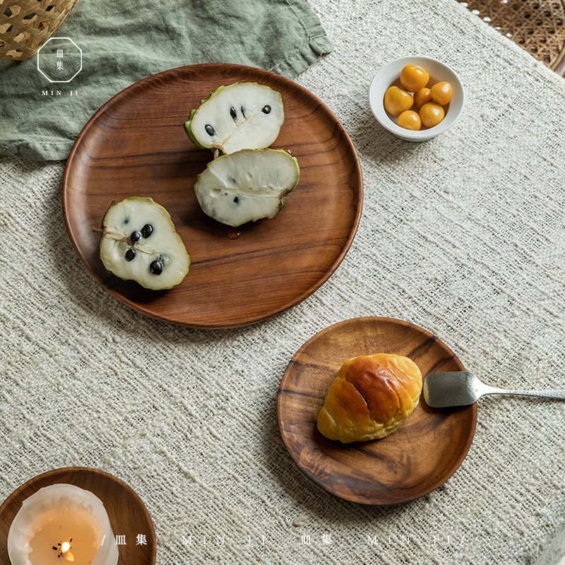 叕木皿集柚木整木圆盘餐碟