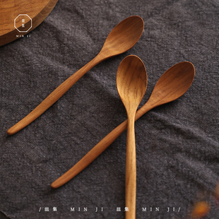 皿集|餐勺\日式吃饭用餐勺长柄实木汤勺调羹喝粥实木勺小汤勺无漆