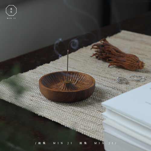 叕木皿集柚木圆形线香盘香炉底座