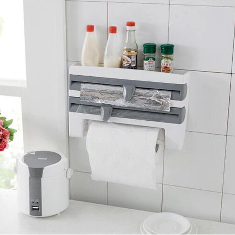 厨房家用多功能置物架壁挂式保鲜膜收纳盒切割器放置卷纸储物