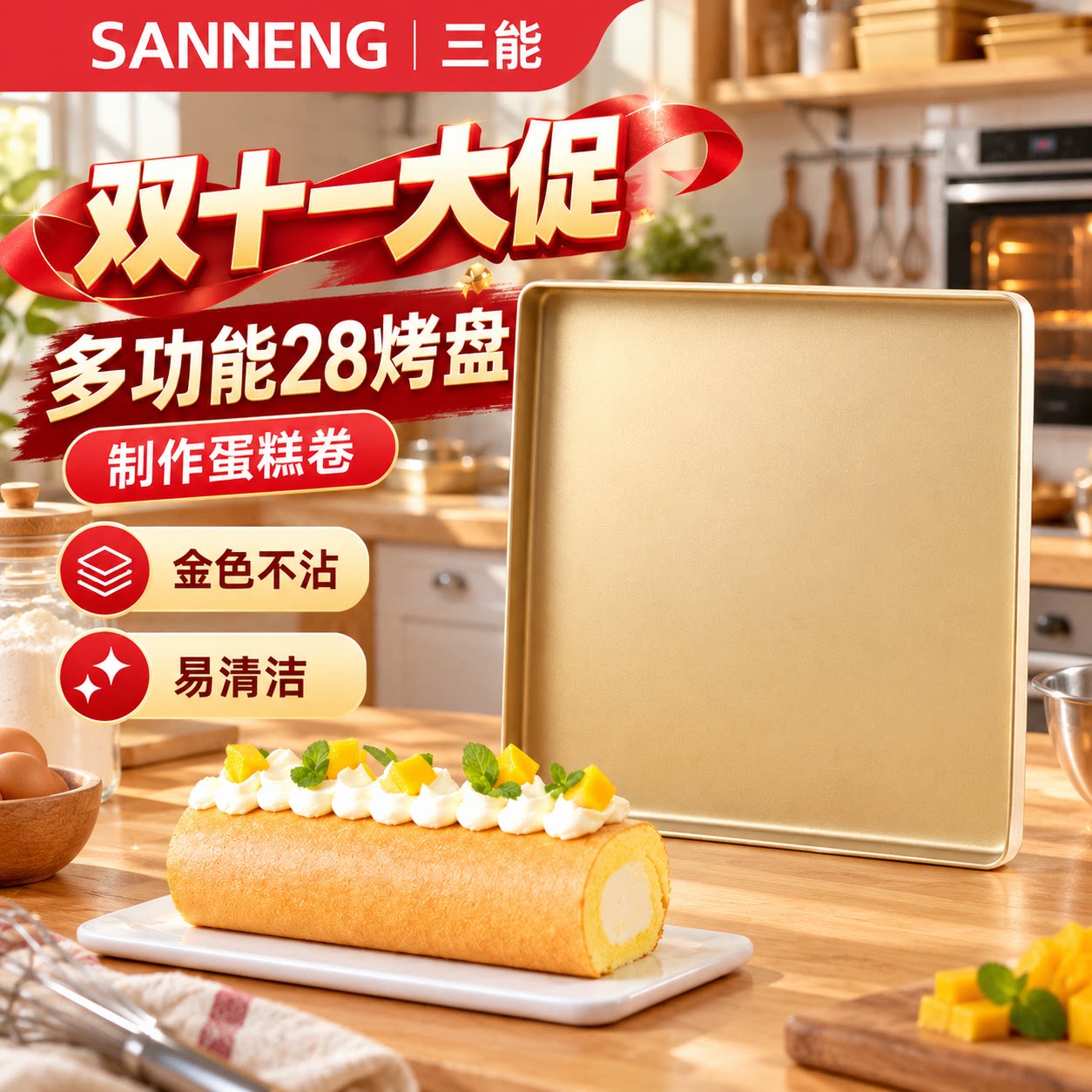 三能烤盘不沾烘焙烤箱用 蛋糕瑞士卷模具28×28方形烤盘家用商用