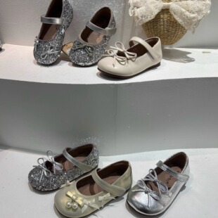 时代狂奔新款小皮鞋2025春款米色银色亮晶晶鞋子韩版百搭现货