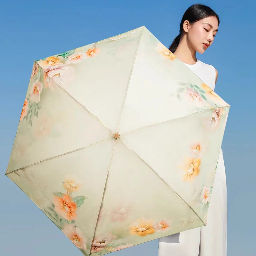 上海故事超轻印花彩胶防晒小金伞防紫外线五折遮阳迷你便携太阳伞