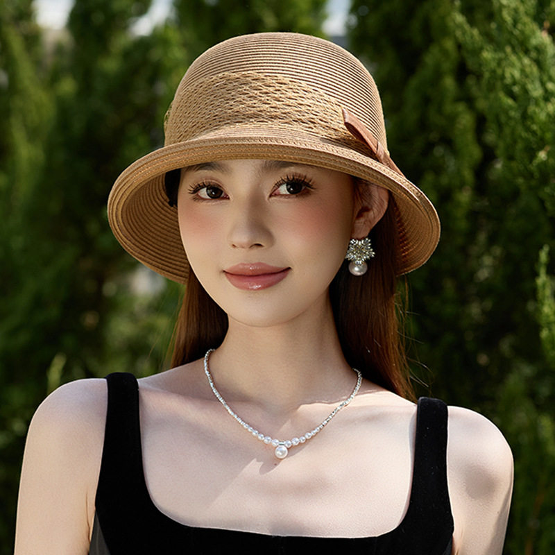 2025新款网纱蕾丝蝴蝶结盆帽优雅草帽女春夏防晒渔夫帽时尚太阳帽