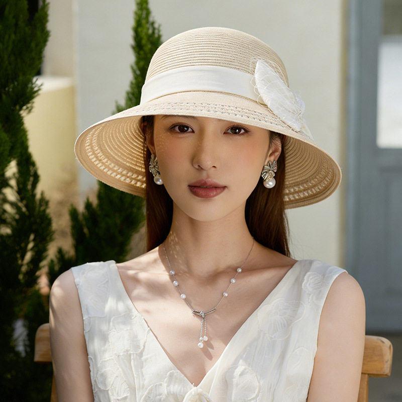 名媛立体花朵渔夫帽子女夏季防晒仿麻草帽轻纱缎带百搭遮阳帽