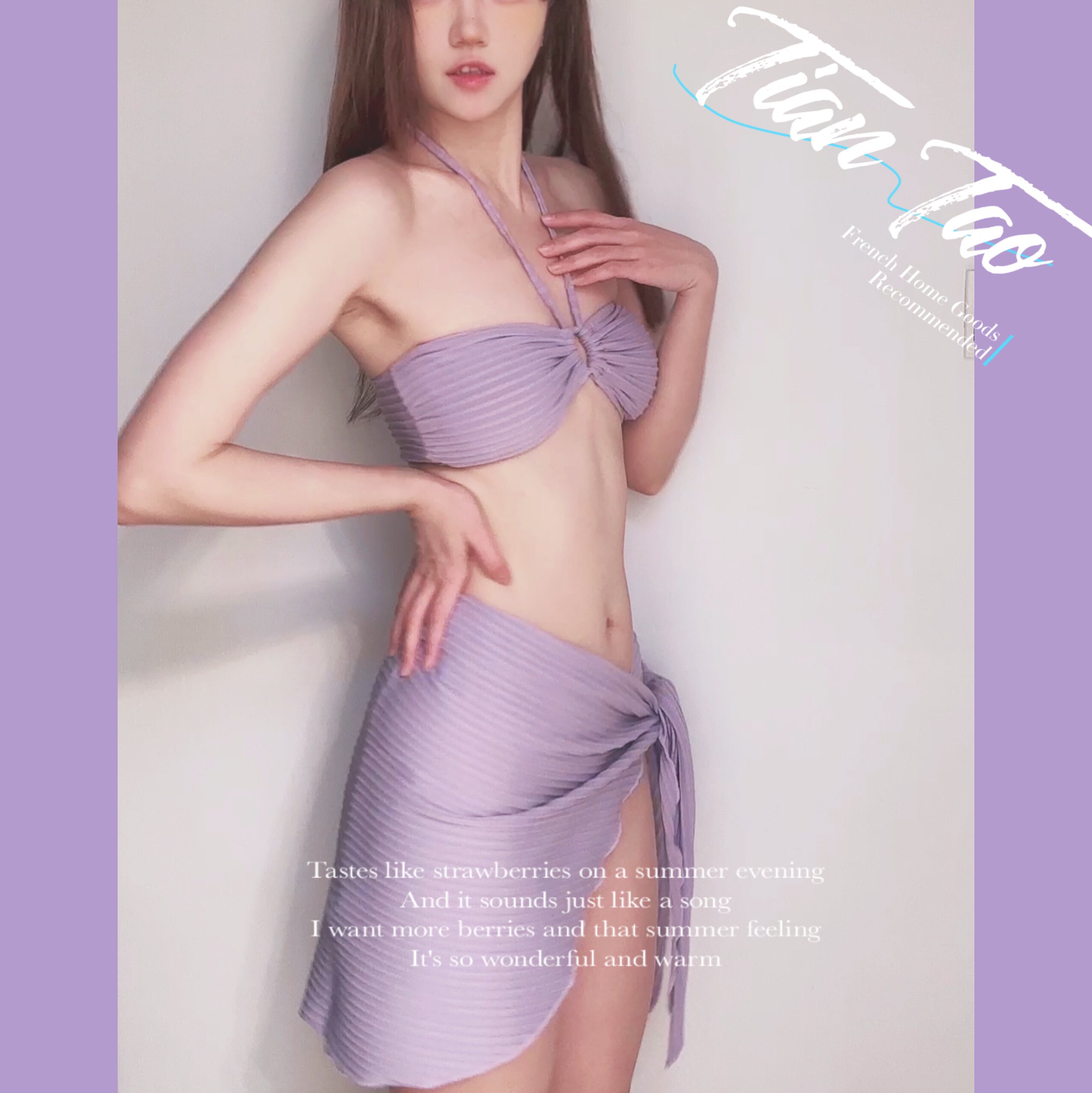 Tiantao泰国性感海边度假三件套紫色抹胸纯欲挂脖泳衣比基尼女款