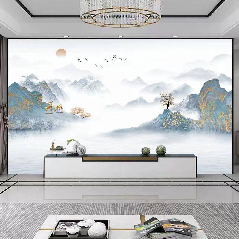 现代新款中式水墨山水画壁布书房客厅沙发电视背景墙布立体8D壁画