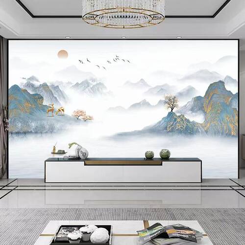 款中式水墨山水画壁布立体8D壁画