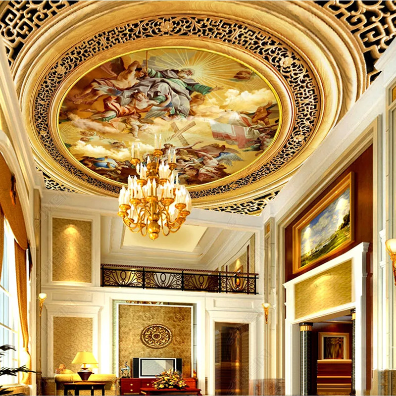 油画复古酒店壁纸大堂包厢ktv欧式墙纸天花宫廷吊顶客厅壁画人物
