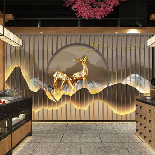 轻奢新中式足疗店茶室背景墙壁纸