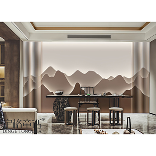 侘寂风新中式 假山墙布轻奢沙发背景墙纸茶室养生馆公司前台壁纸