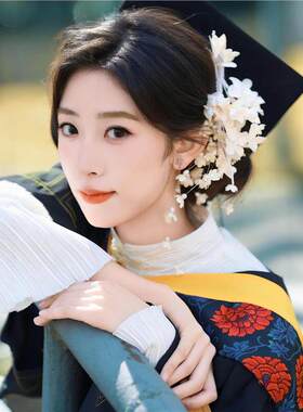 学士帽铃兰花簪花发夹白色真花朵流苏发饰气质古风布艺花侧边夹