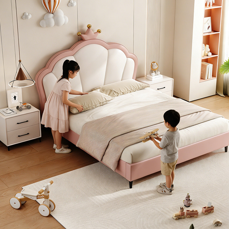 皇冠粉色少女公主床1.5米1.35米男孩女孩简约小户型实木单人床