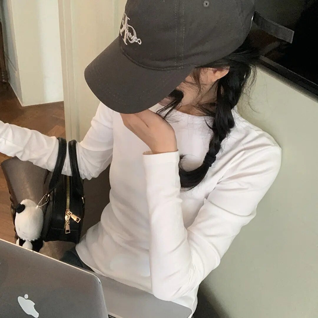 正肩长袖T恤女黑色秋季新款修身显瘦百搭打底衫辣妹圆领内搭上衣