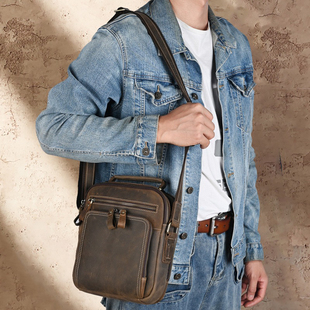 手工新款复古真皮男士单肩包多功能斜挎单肩包疯马皮户外ipad小包