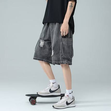 夏季腰果花牛仔短裤男潮牌ins嘻哈痞帅外穿宽松直筒工装五分裤薄