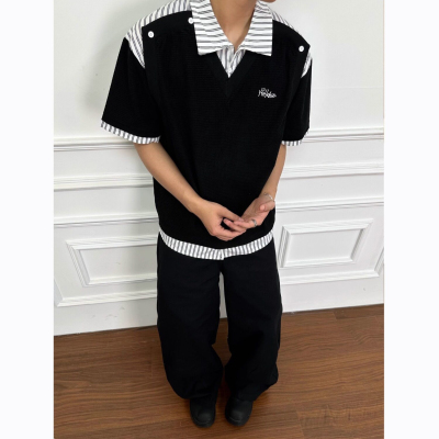 夏季薄款假两件针织衫男韩宽松显瘦拼接格子衬衫领上衣小众设计感